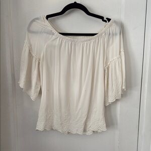 LOFT White Flutter Sleeve Blouse with Ruffled Neckline